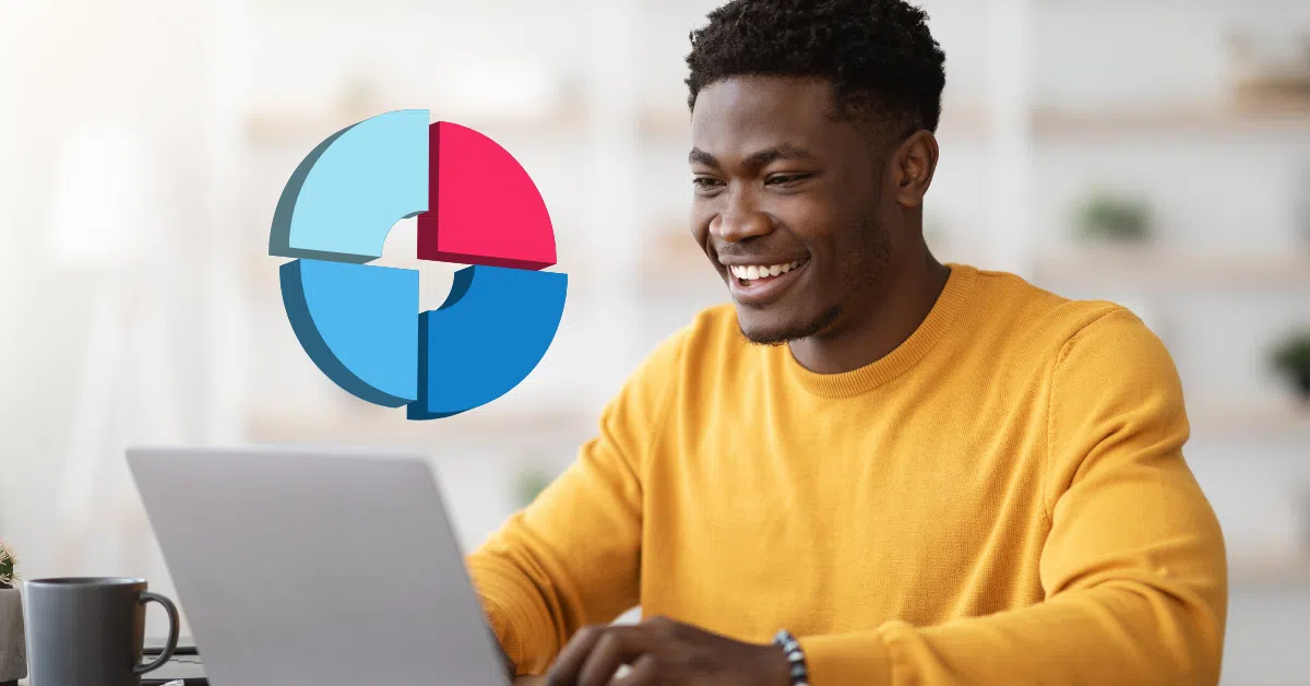 Developer in a yellow sweater smiling at laptop with pie chart graphic representing DORA metrics.