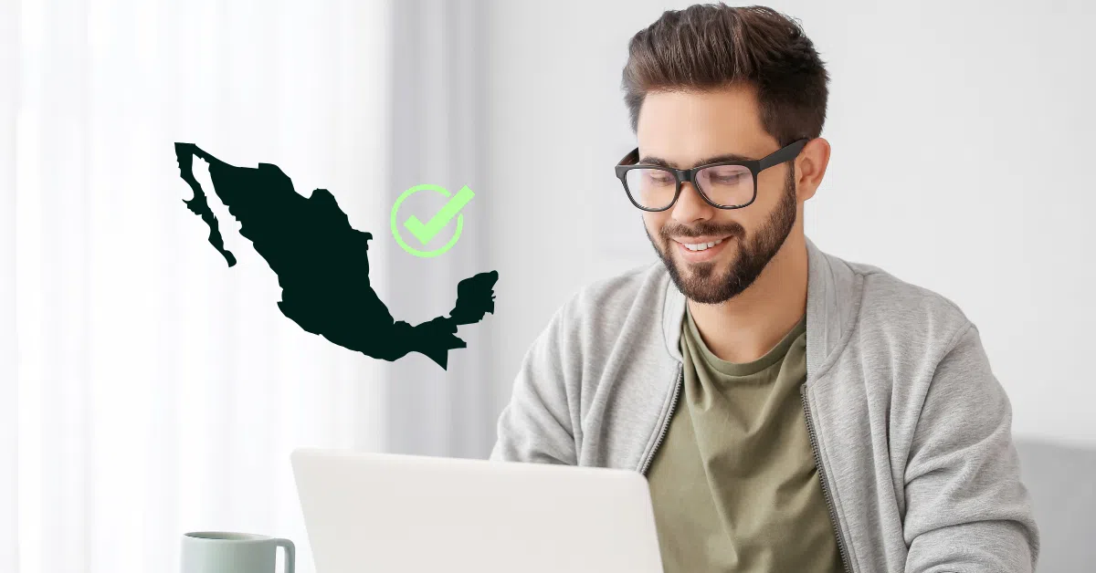 Smiling Mexican software developer working remotely with country map illustration.