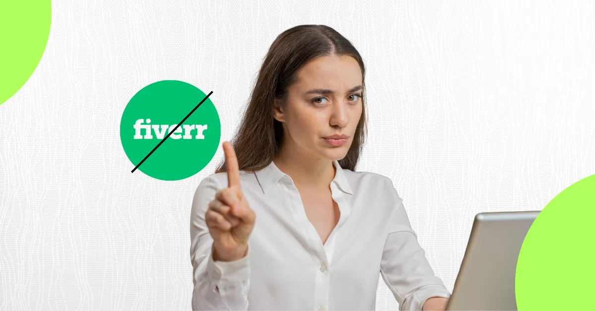 Woman raising her finger in disapproval next to a crossed-out Fiverr logo, symbolizing rejection of freelance platforms for critical tech projects.