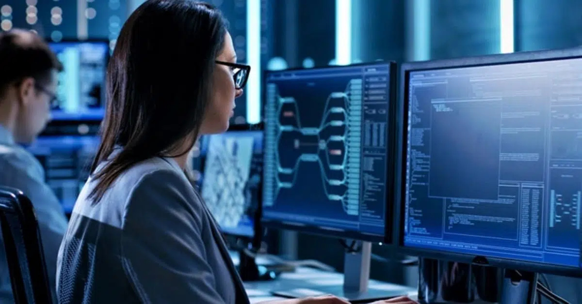 Female AI engineer analyzing neural network diagrams and code on multiple computer monitors.