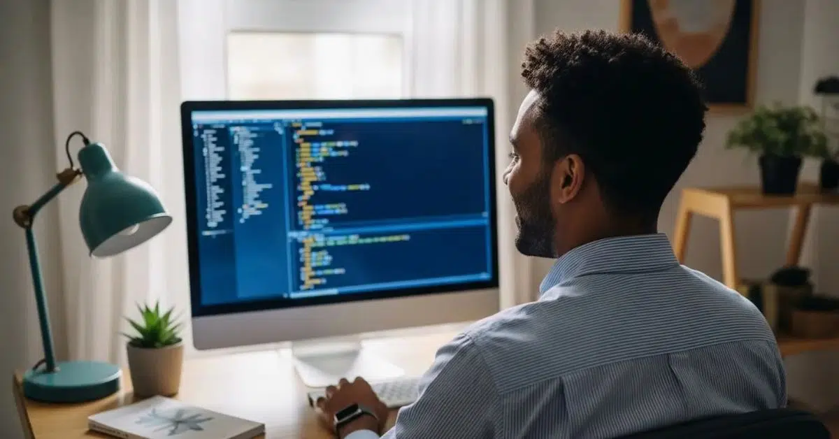 AI developer working on code at a desktop computer in a home office environment.