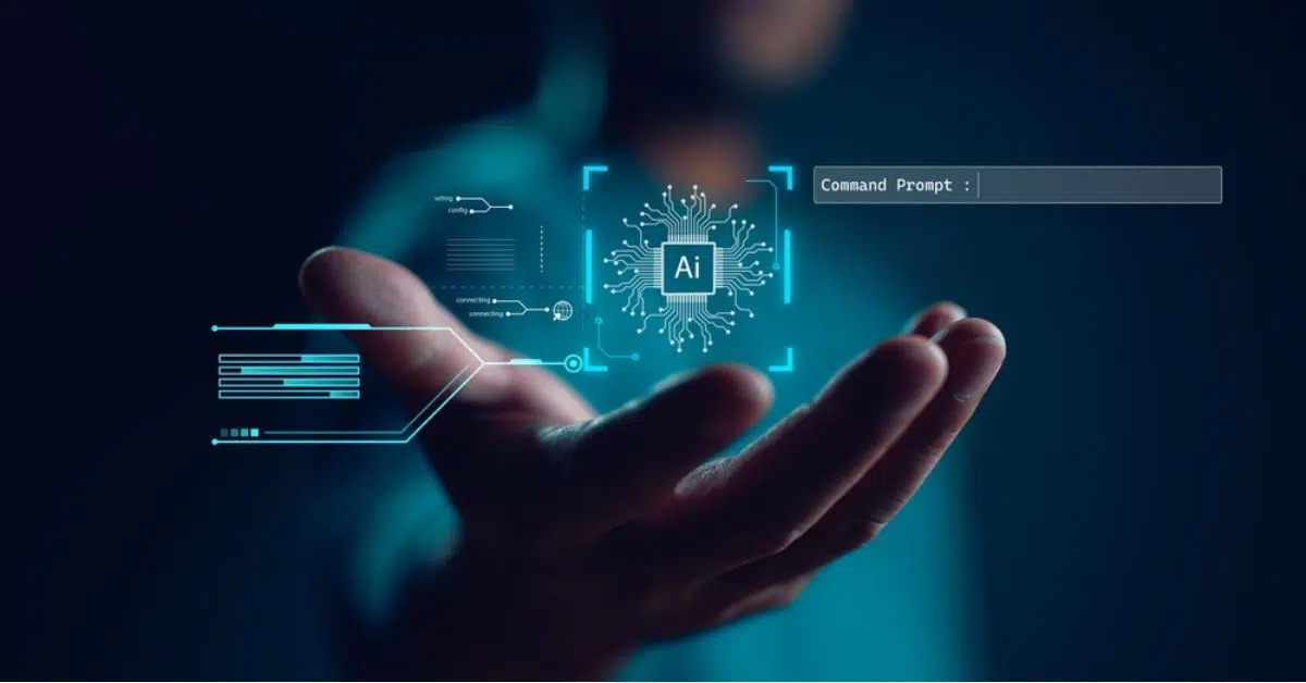 Hand holding a holographic AI interface with a command prompt for next-gen digital solutions.